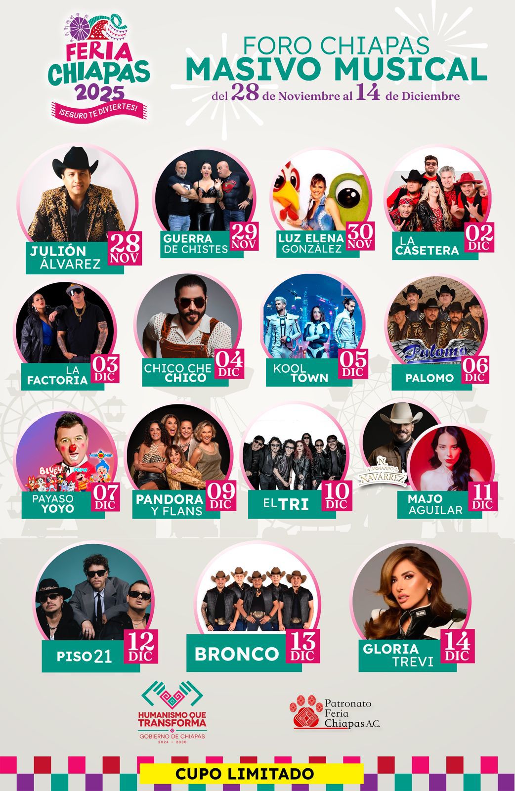 Cartelera oficial de artistas del Foro Chiapas en la Feria Chiapas 2025
